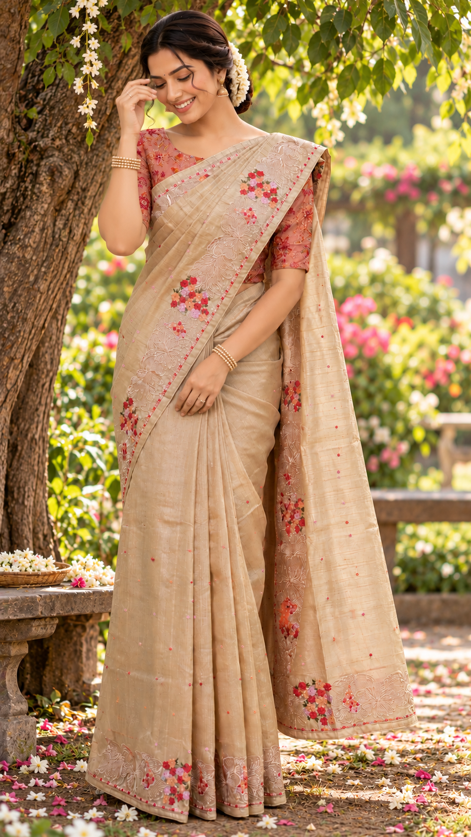 Malvika Floral Saree Soft Champagne Beige with delicate coral pink, rose red and muted green floral accents.