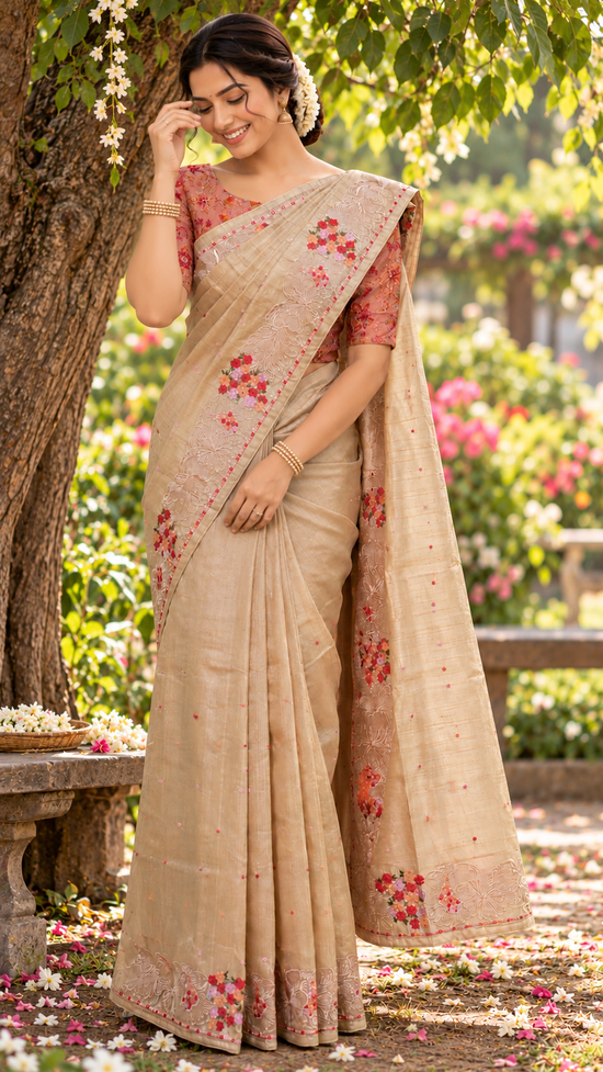 Malvika Floral Saree Soft Champagne Beige with delicate coral pink, rose red and muted green floral accents.
