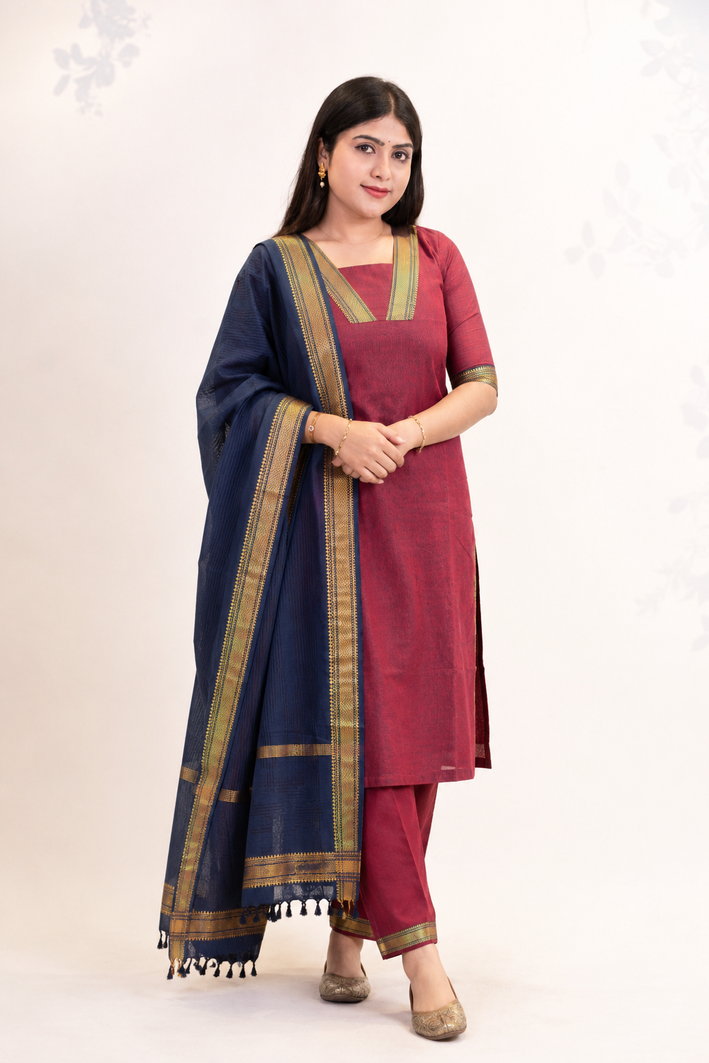 Preya Mulberry  pink & Navy blue South cotton Mangalagiri, zari bordered