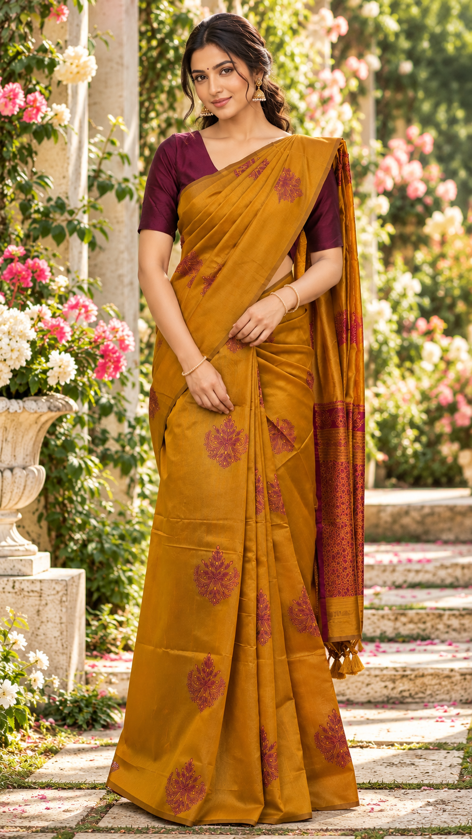 Tanvika Golden Mustard Saree with Traditional Wine Maroon Motifs