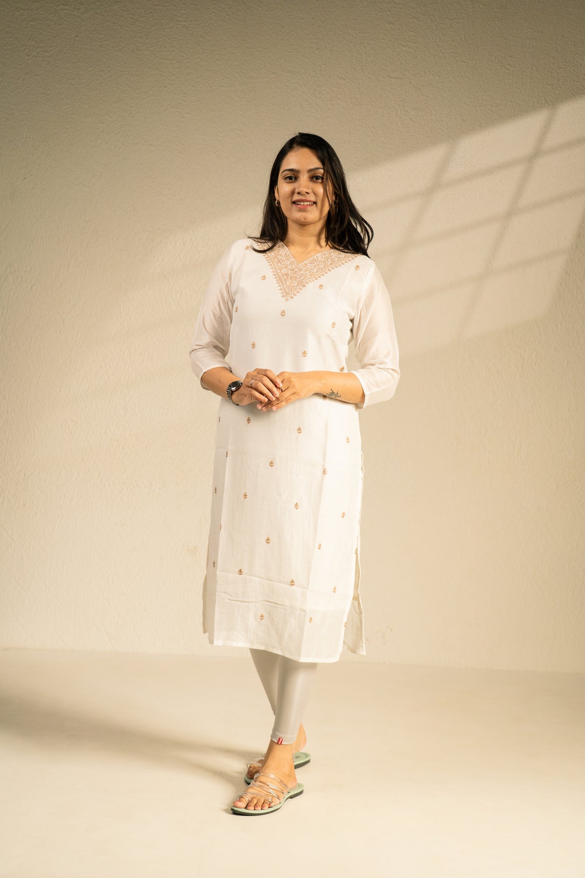 Malar kurti with embroidery detailing in white