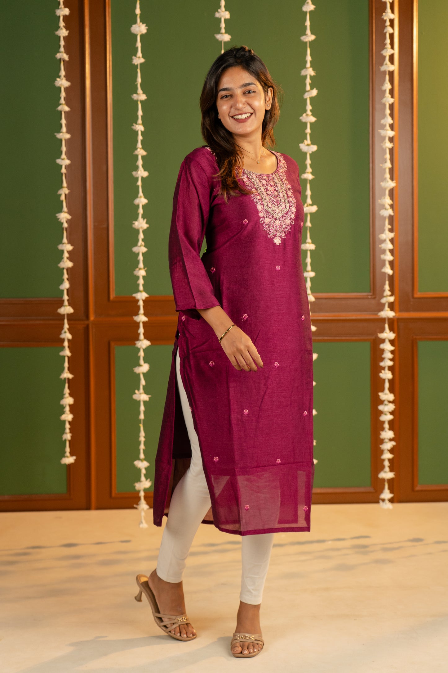 Meenakshi kurti in wine gold-toned threads
