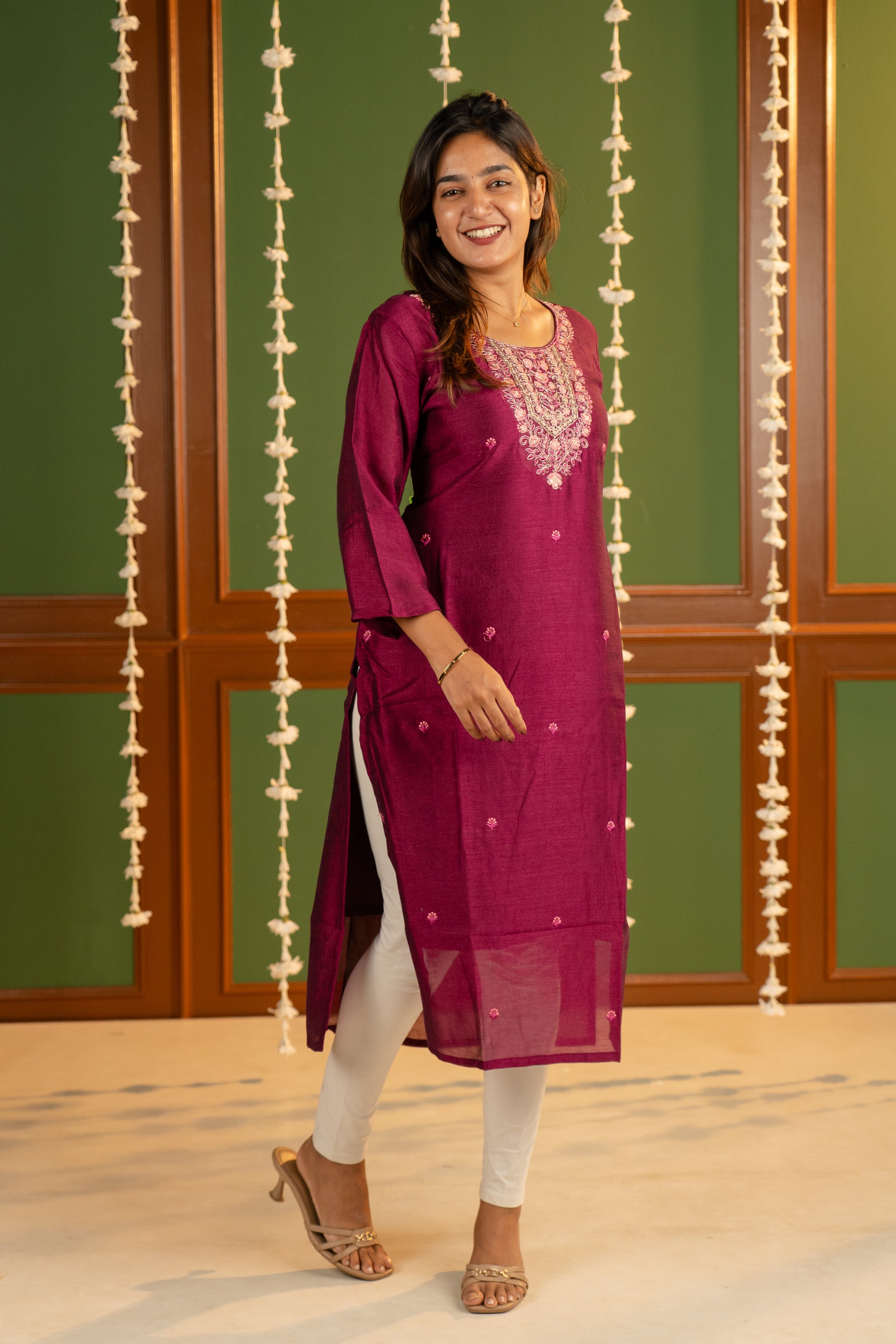Meenakshi kurti in wine gold-toned threads