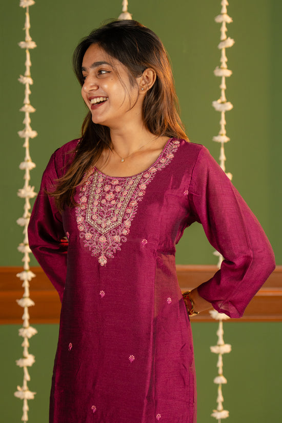 Meenakshi kurti in wine gold-toned threads