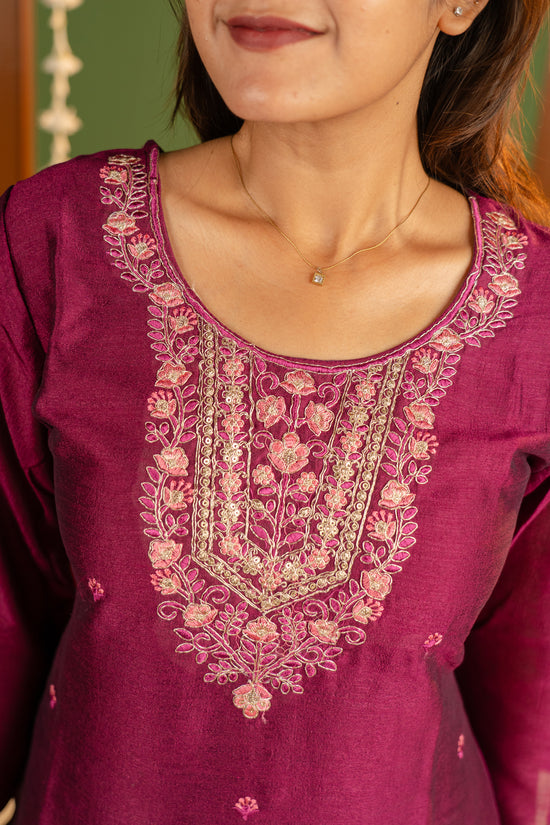 Meenakshi kurti in wine gold-toned threads
