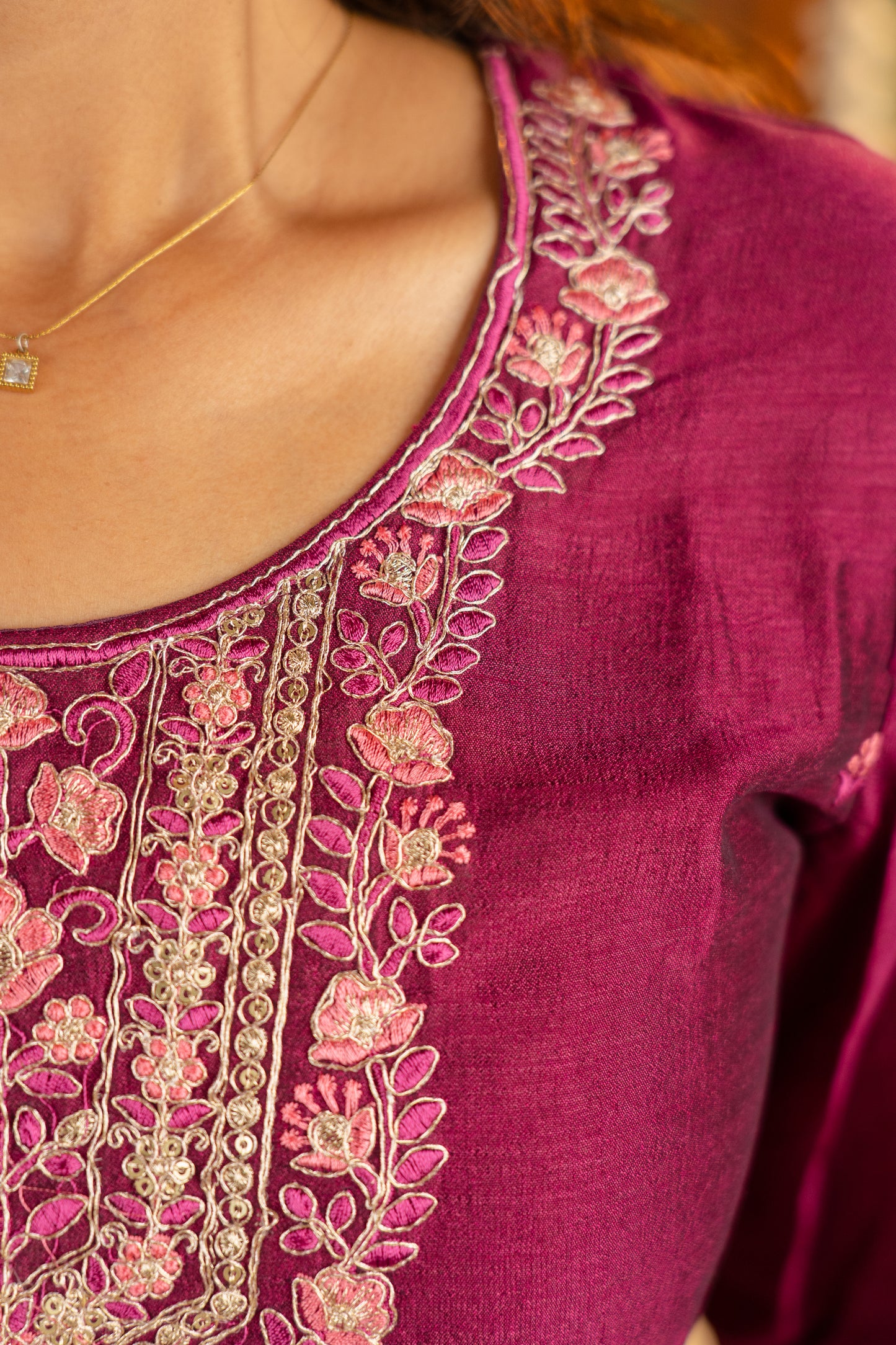 Meenakshi kurti in wine gold-toned threads