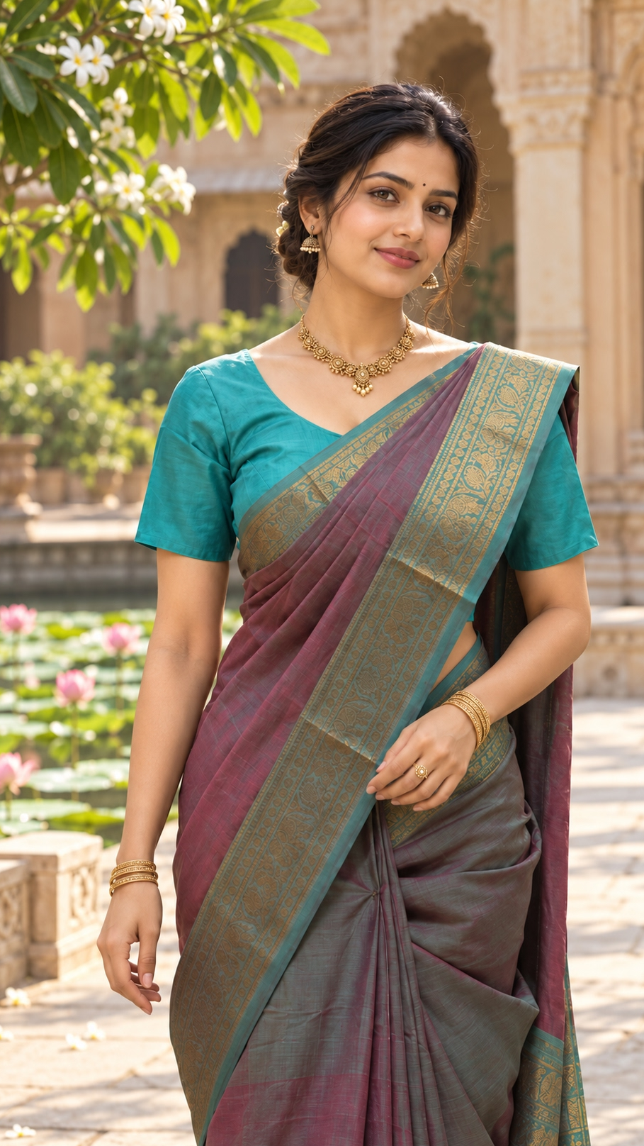 Manimegalai Sage Green & Muted Maroon Dual-Tone Cotton Saree with Elephant & Peacock Motifs