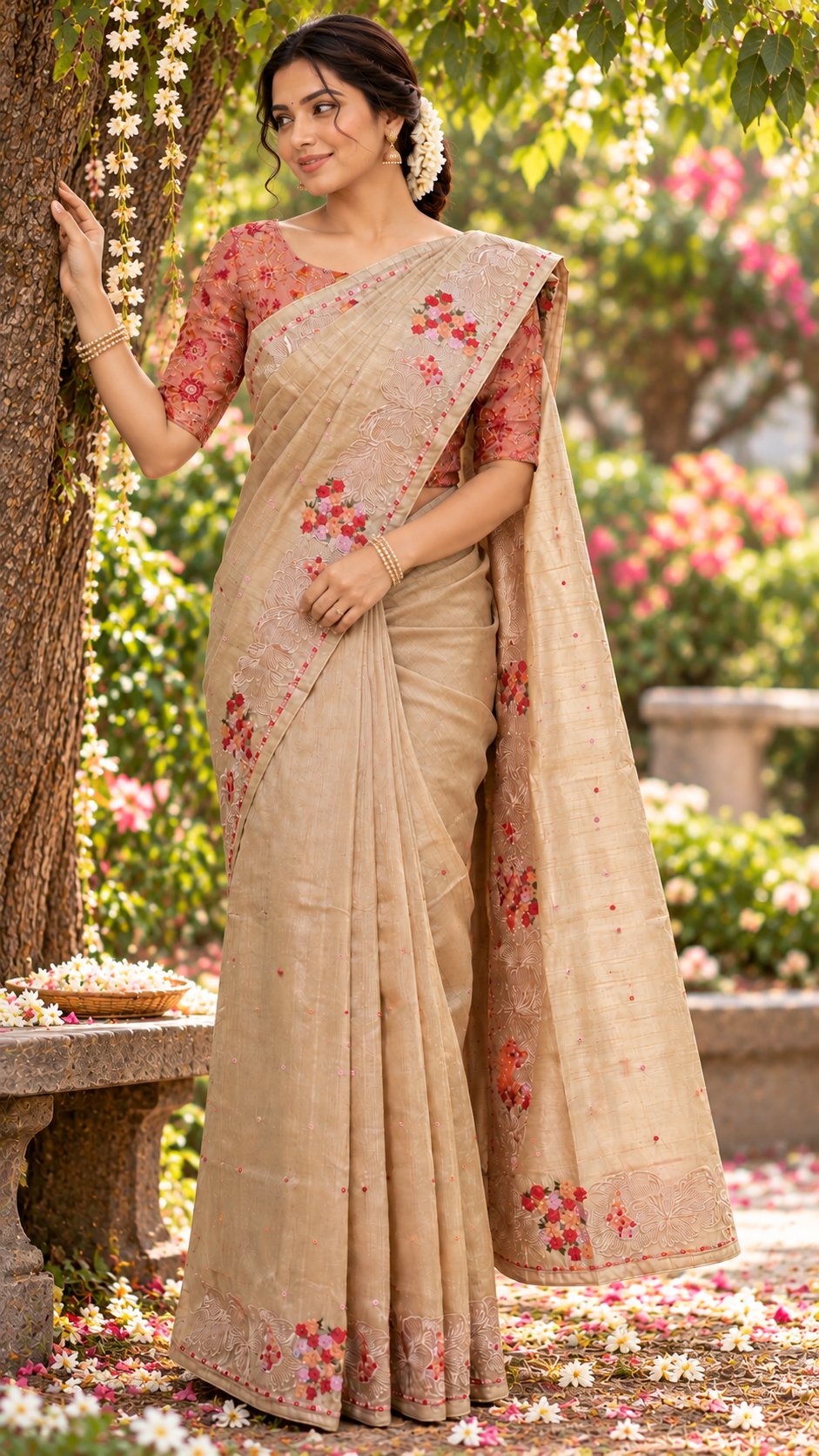 Malvika Floral Saree Soft Champagne Beige with delicate coral pink, rose red and muted green floral accents.
