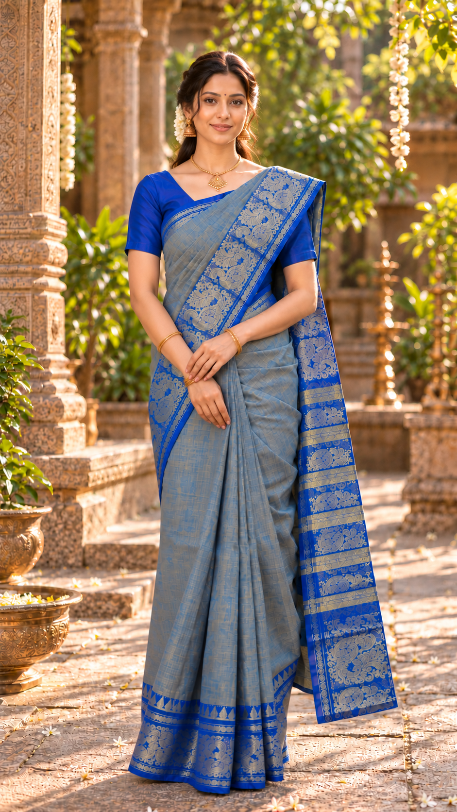 Ponvizhi Royal Blue & Muted Mustard Dual-Tone Cotton Saree with Aduku Annam Border