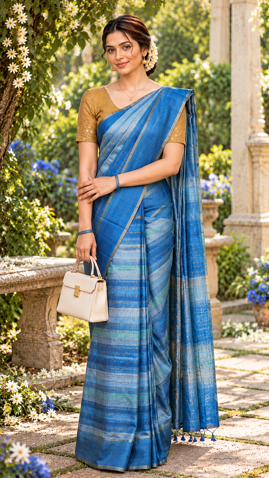 Meghna Royal Blue & Antique Gold Border Designer Silk Saree