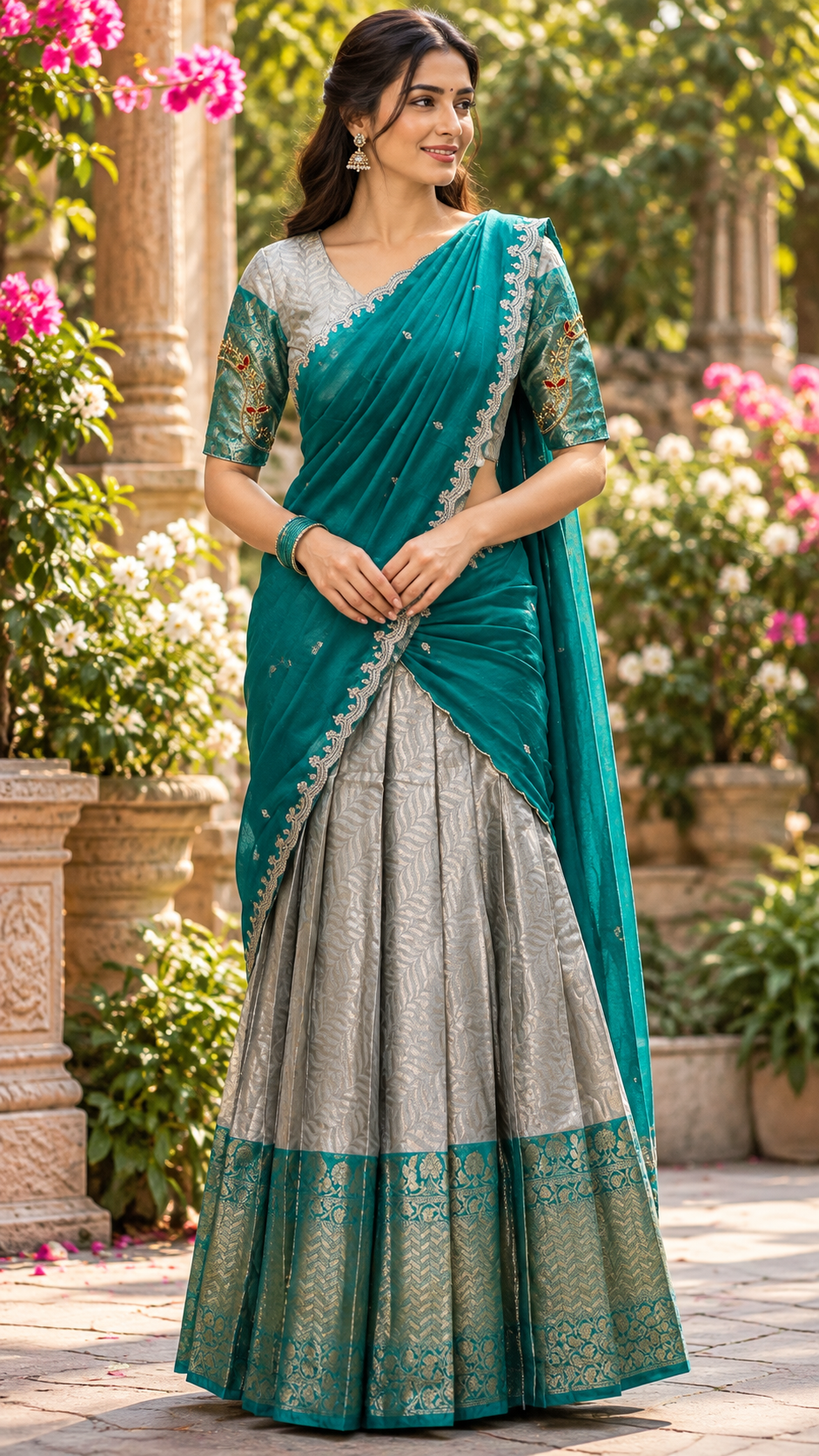 Nila Pastel Blue & Teal Varnasi Jacquard Half Saree Set