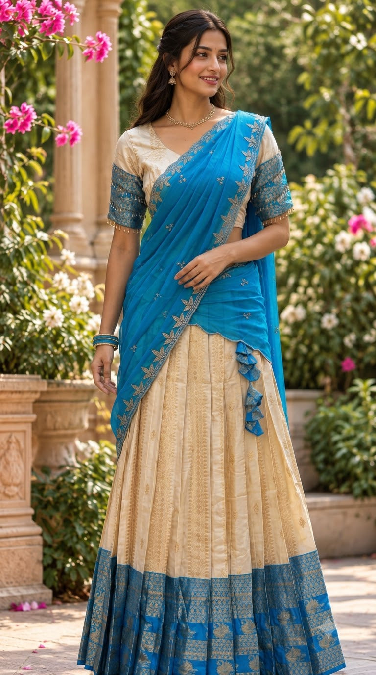 Seetha Half White & Sky Blue Soft Silk Half Saree Set