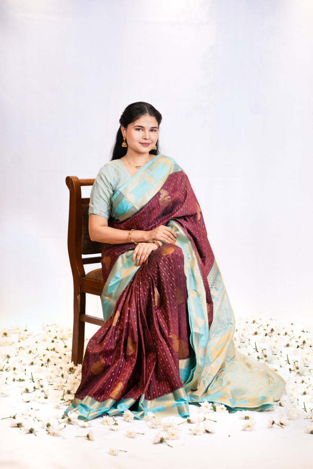 Black Cherry Art Silk Saree with Mint Teal Border