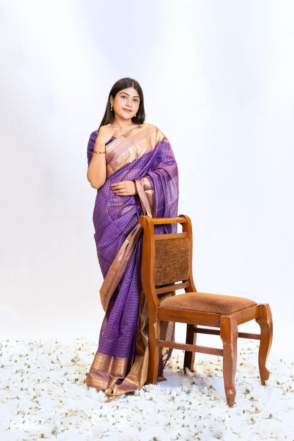 Royal Purple Silk Cotton Saree with Tan Brown Border