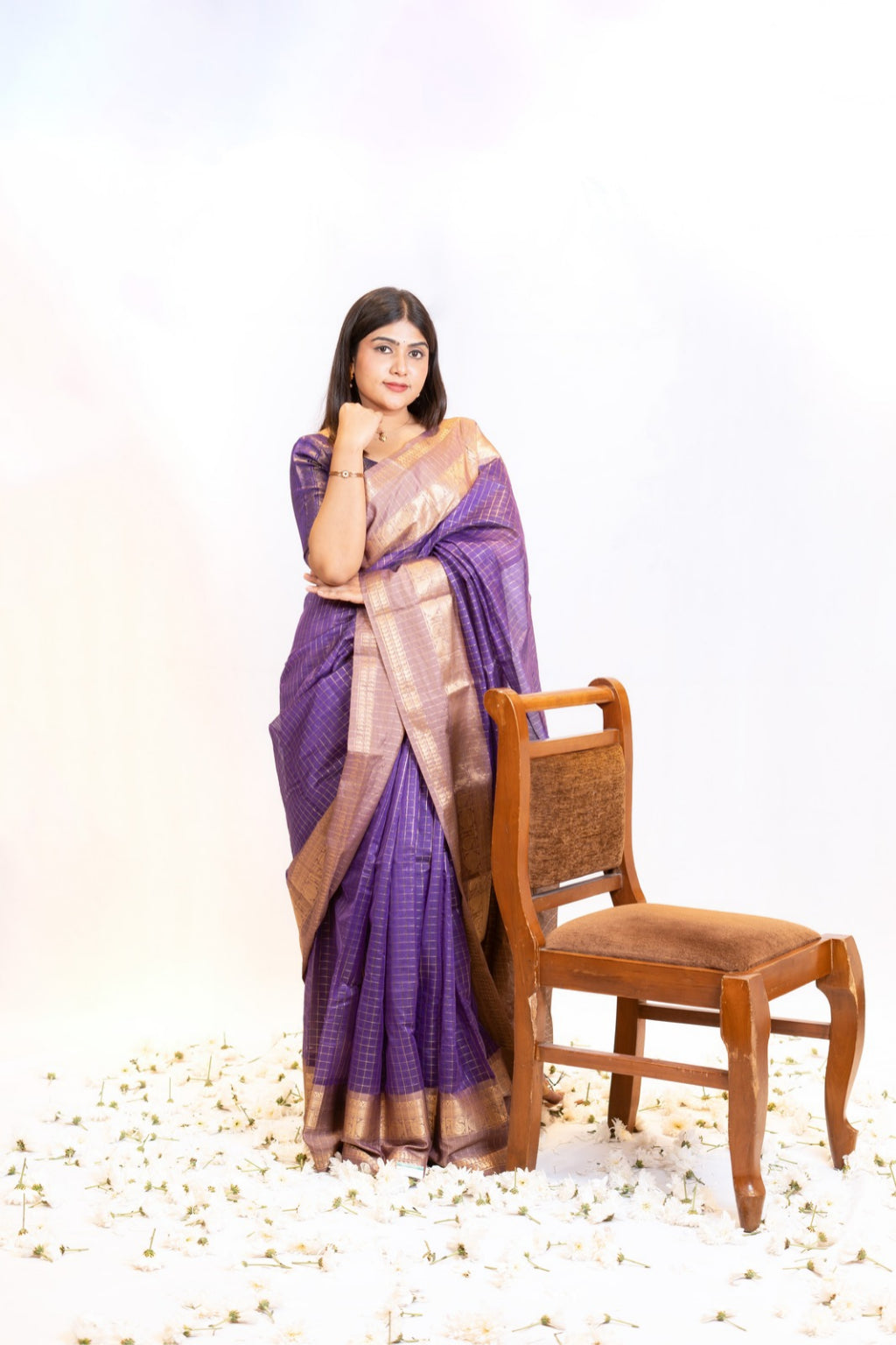 Royal Purple Silk Cotton Saree with Tan Brown Border