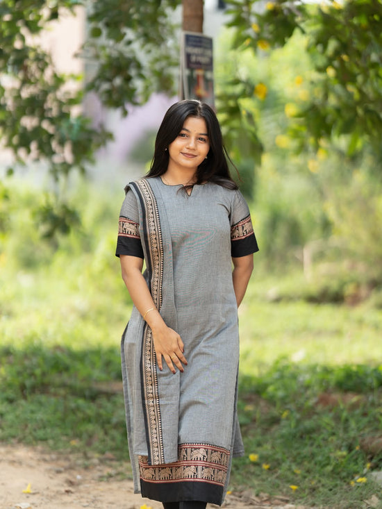 Tuhini Grey & Black  narayanpet cotton  top with lininig & dupatta