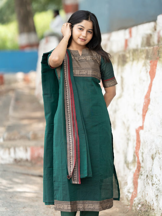 viha Green & Black  narayanpet cotton  top with lininig & dupatta