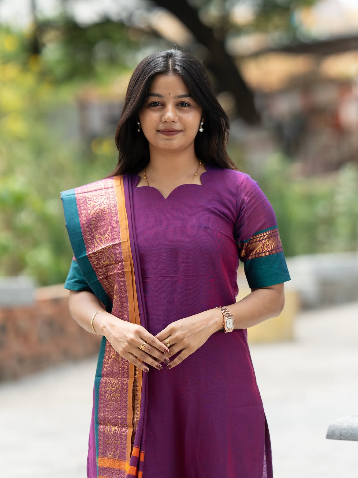 Rathi violet  silk cotton top &  zari bordered cotton dupatta