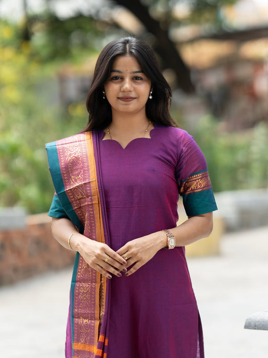 Rathi violet  silk cotton top &  zari bordered cotton dupatta