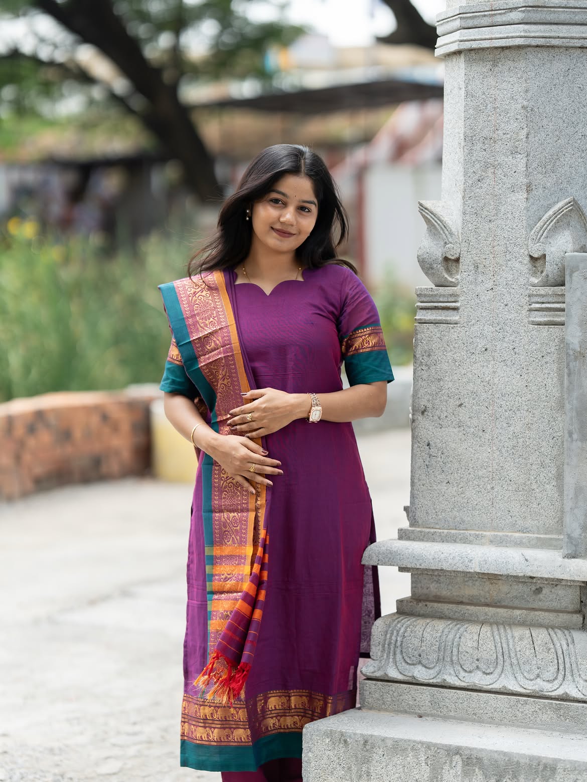 Rathi violet  silk cotton top &  zari bordered cotton dupatta