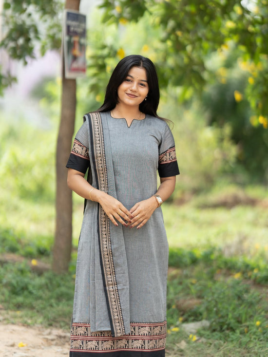 Tuhini Grey & Black  narayanpet cotton  top with lininig & dupatta