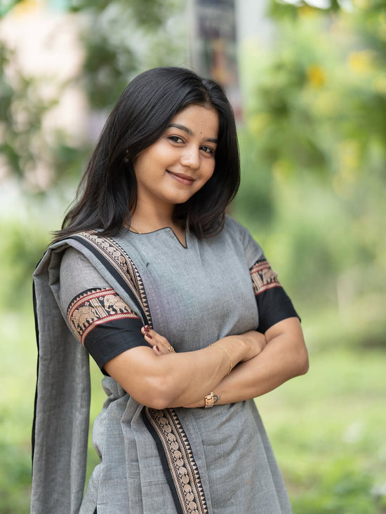 Tuhini Grey & Black  narayanpet cotton  top with lininig & dupatta