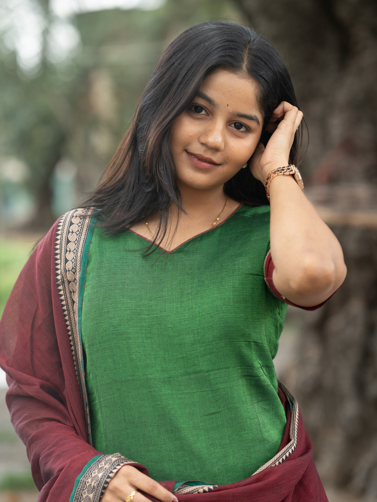 Sahaya green and maroon  narayanpet cotton  top with lininig & dupatta