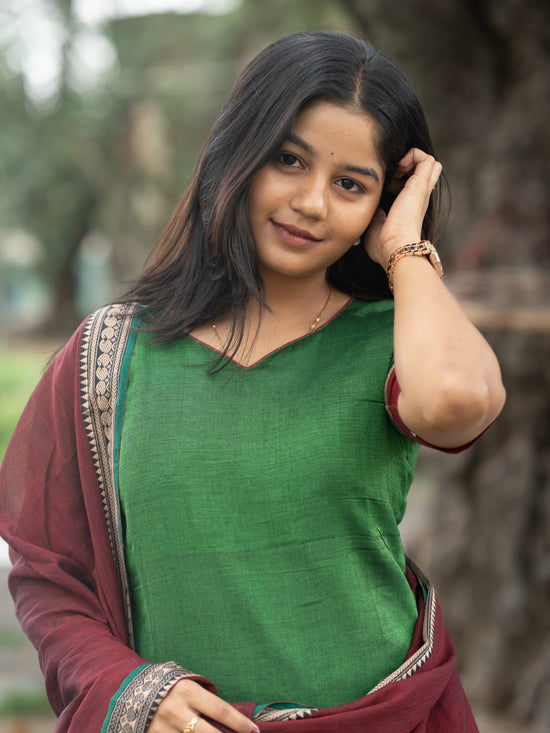 Sahaya green and maroon  narayanpet cotton  top with lininig & dupatta