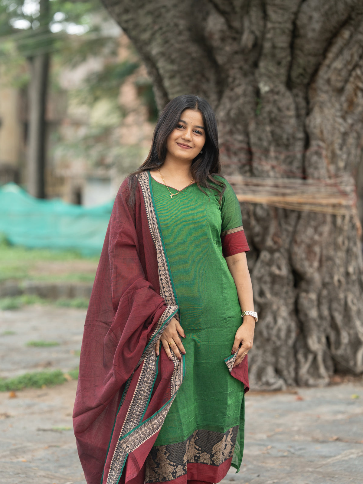 Sahaya green and maroon  narayanpet cotton  top with lininig & dupatta