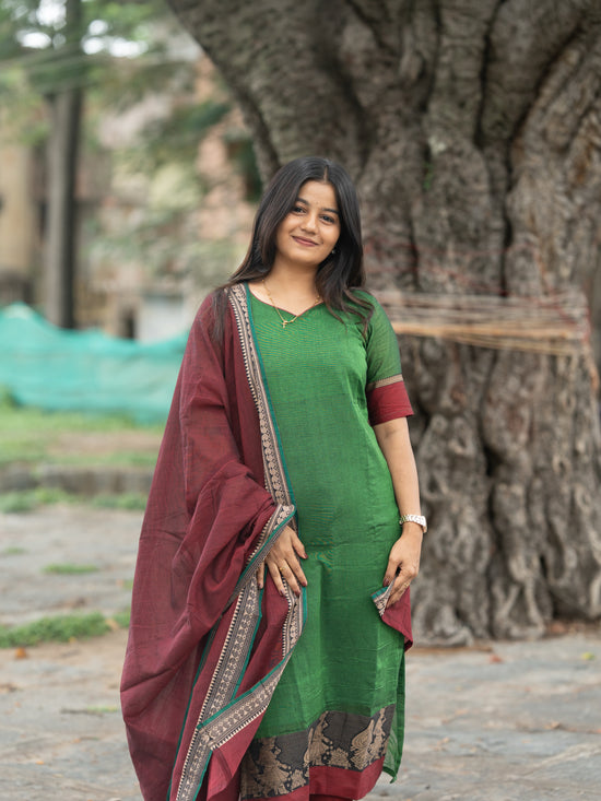 Sahaya green and maroon  narayanpet cotton  top with lininig & dupatta