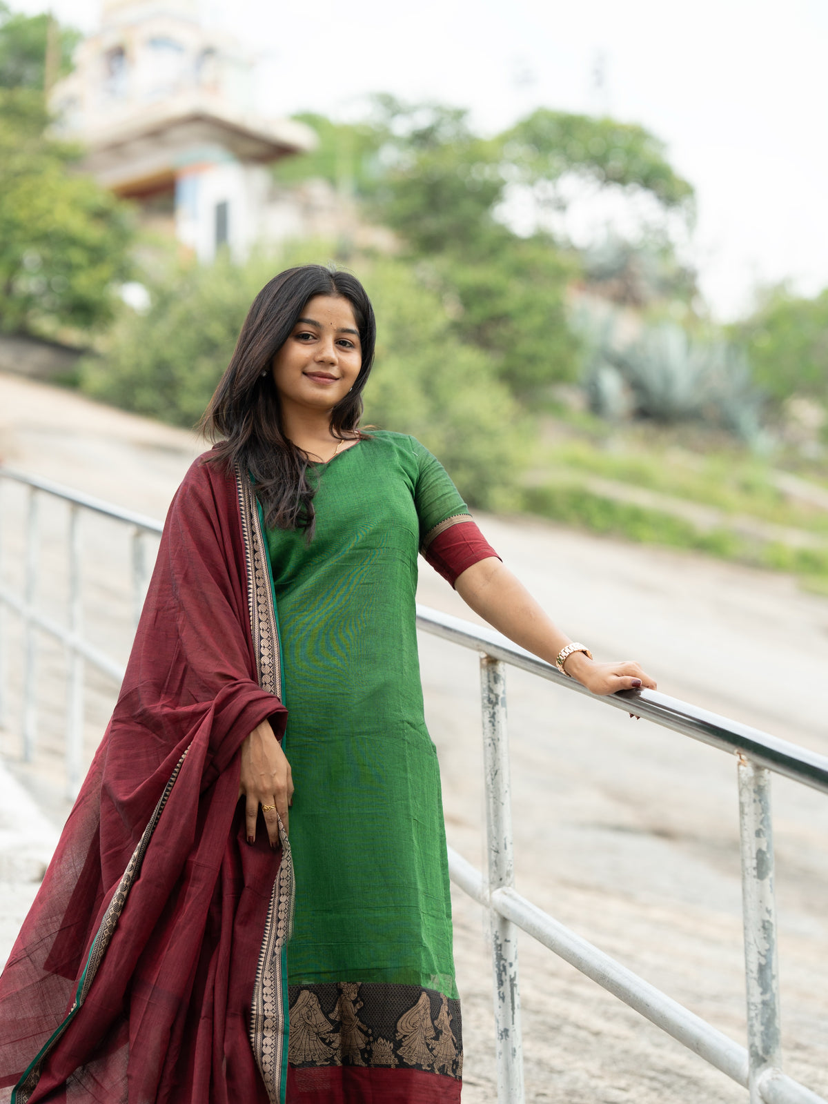 Sahaya green and maroon  narayanpet cotton  top with lininig & dupatta