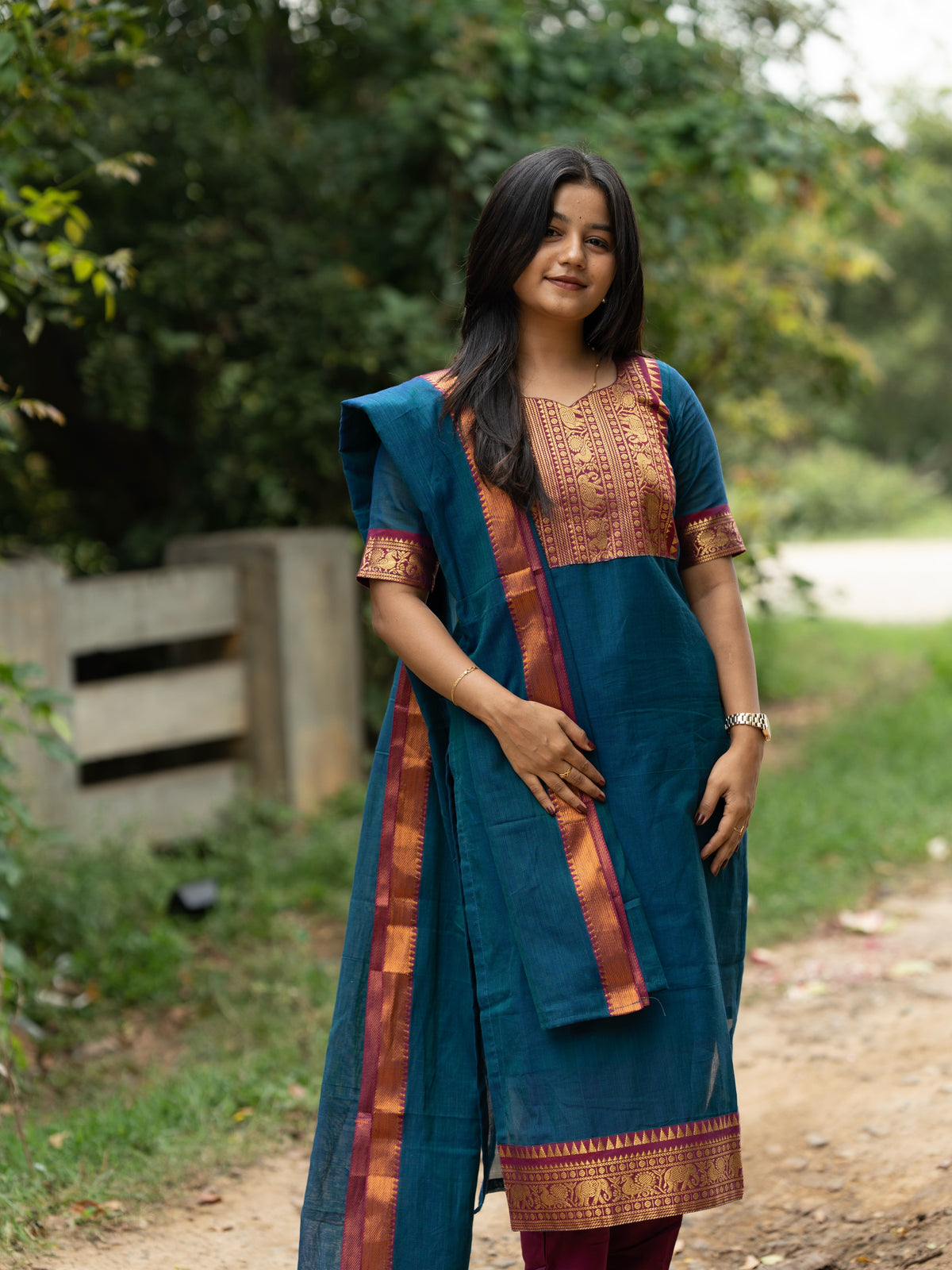 Yuga Royal peacock blue & Pink  narayanpet cotton top with lininig & zari bordered dupatta