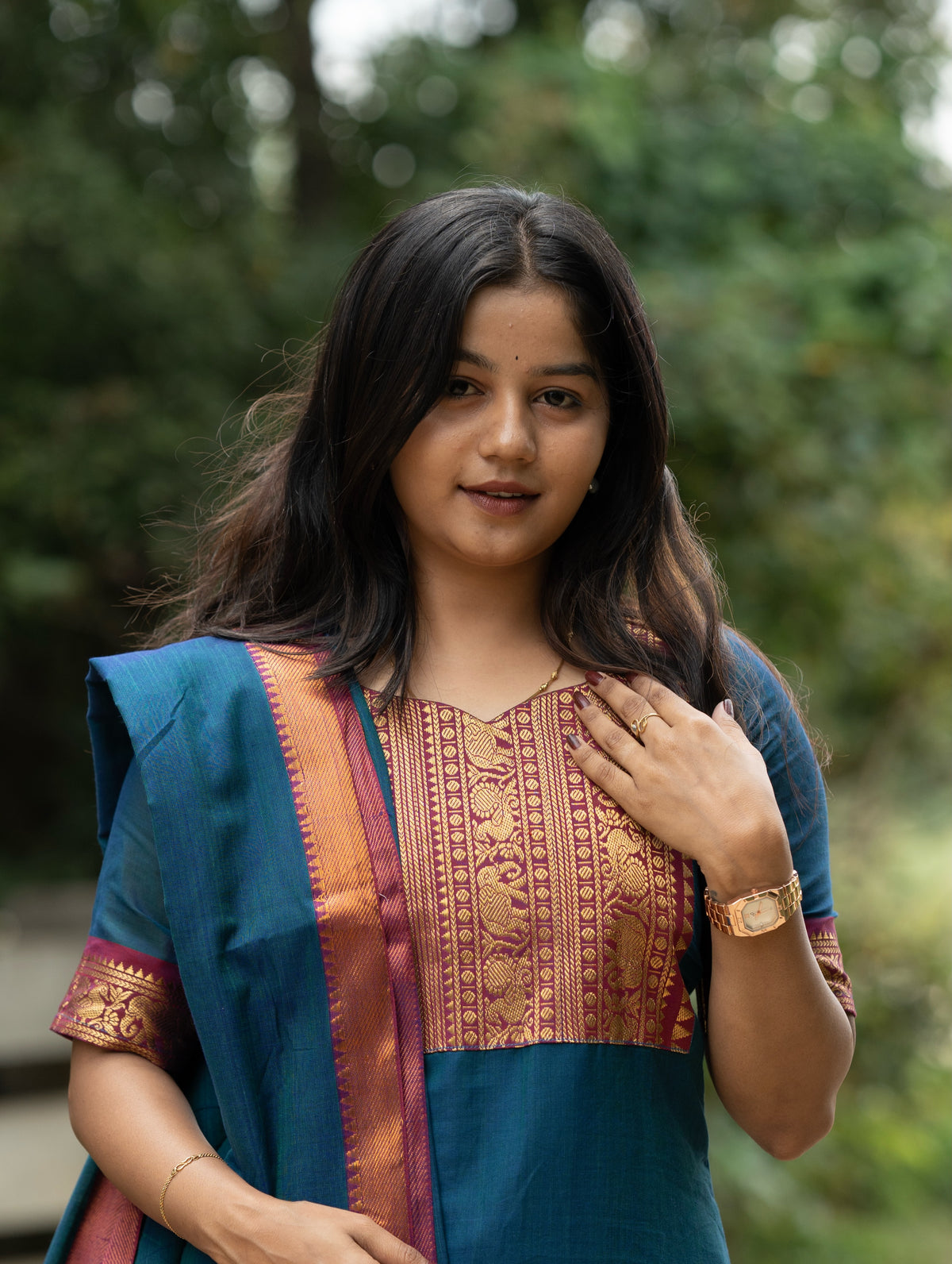 Yuga Royal peacock blue & Pink  narayanpet cotton top with lininig & zari bordered dupatta