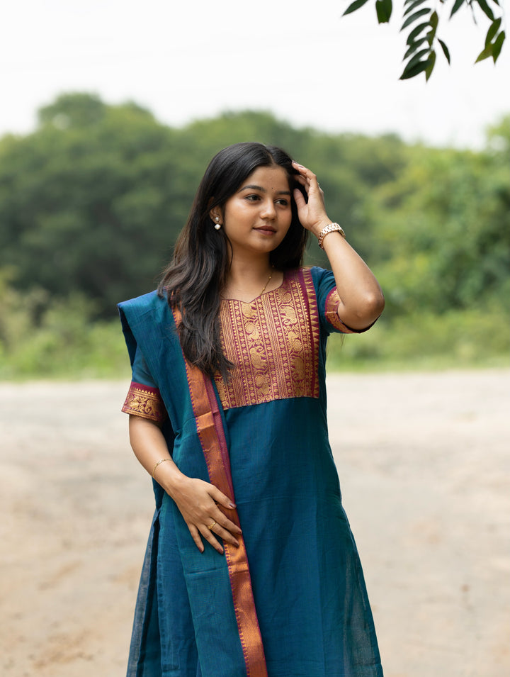 Yuga Royal peacock blue & Pink  narayanpet cotton top with lininig & zari bordered dupatta