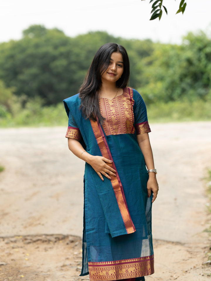 Yuga Royal peacock blue & Pink  narayanpet cotton top with lininig & zari bordered dupatta