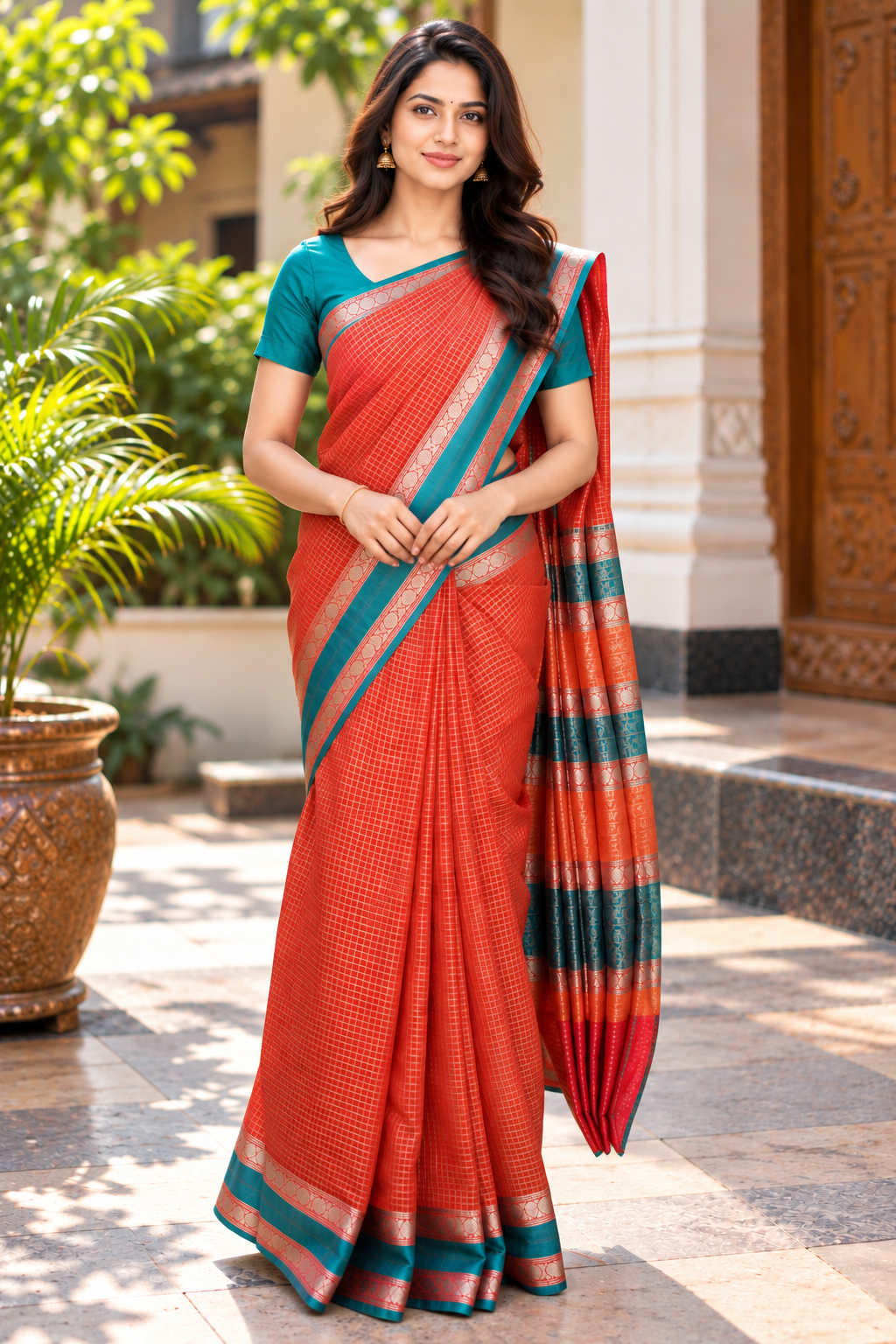 Rust Orange and Teal Fancy Cotton Saree