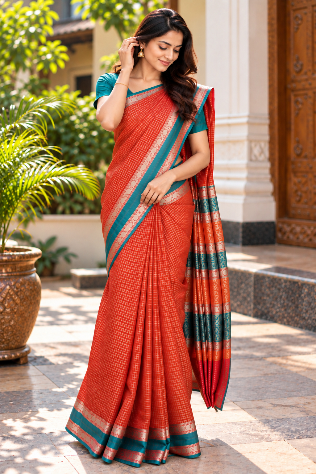 Rust Orange and Teal Fancy Cotton Saree