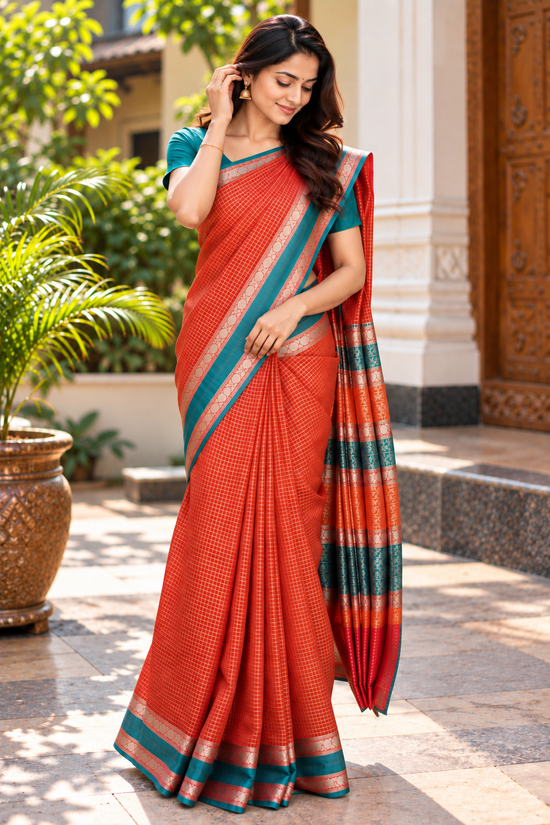 Rust Orange and Teal Fancy Cotton Saree