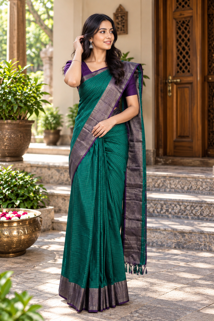 Emerald Green and Royal Purple Arani Silk Saree
