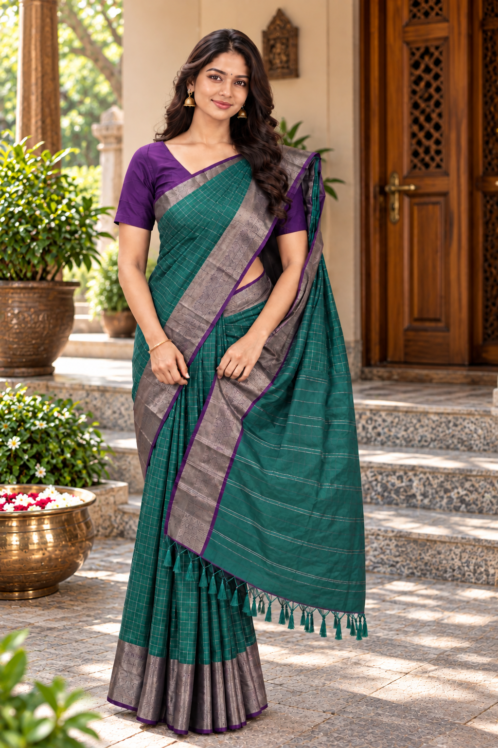 Emerald Green and Royal Purple Arani Silk Saree
