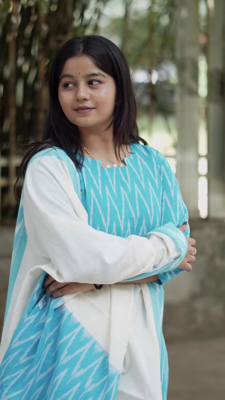 Yamuna Sky Blue Ikat Cotton Salwar Set with Elegant White Dupatta